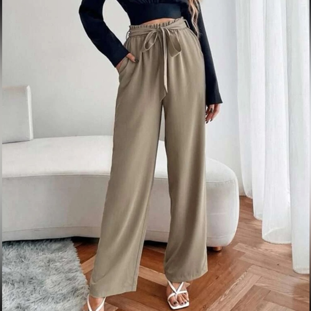 NEW paper, bag waste belted wide leg pants with pockets